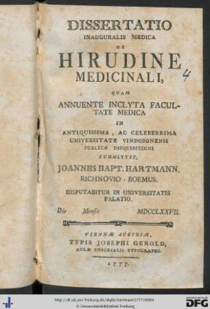 Dissertatio Inauguralis Medica De Hirudine Medicinali