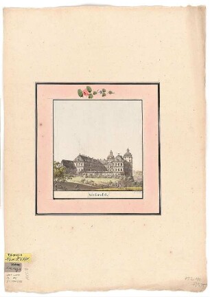 Ansicht von Schloss Weißenfels, Umrissradierung, um 1790 : Schönheit, Carl Simon : Weissenfels / Schönheit fec. - [S.l.] , [um 1790]. - 1 Kunstbl. : kolor. Umrißradierung ; 17 x 18 cm