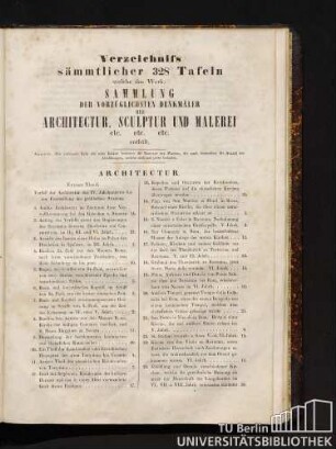 Verzeichnis sämtlicher 328 Tafeln welche das Werk: Sammlung der vorzüglichsten Denkmäler der Architectur, Sculptur und Malerei etc. etc. etc. enthält