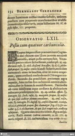 Observatio LXII. Pestis cum quartuor carbunculis