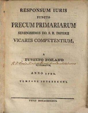 Responsum Iuris Puncto Precum Primariarum Serenissimis DD. S.R. Imperii Vicariis Competentium