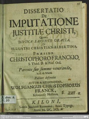 Dissertatio de imputatione iustitiae Christi