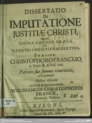 Dissertatio de imputatione iustitiae Christi