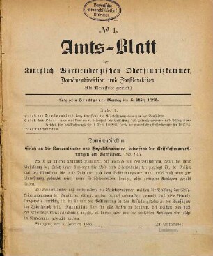 Amts-Blatt der Königlich-Württembergischen Oberfinanzkammer, Domänendirektion und Forstdirektion. 1883