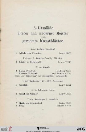 A. Gemälde älterer und moderner Meister sowie gerahmte Kunstblätter (Nr. 1-198)