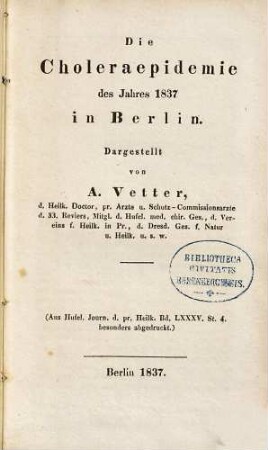 Die Choleraepidemie des Jahres 1837 in Berlin