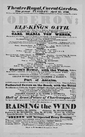 Plakat zur letzten Aufführung des "Oberon" von Carl Maria von Weber unter Leitung des Komponisten am Theatre Royal, Covent Garden, London, 25. April 1826 (Faksimile)