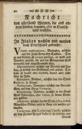 Nachricht von allerhand Weinen, die aus andern Landen kommen, oder in Deutschland wachsen.