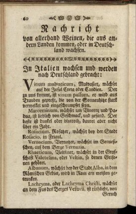 Nachricht von allerhand Weinen, die aus andern Landen kommen, oder in Deutschland wachsen.