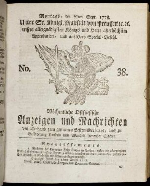 No. 38. Montags, den 21ten Sept. 1778.