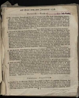 1tes Stueck, vom 5ten Januarius. 1778