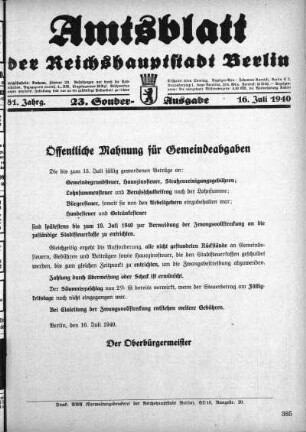 23. Sonder-Ausgabe, 16. Juli 1940