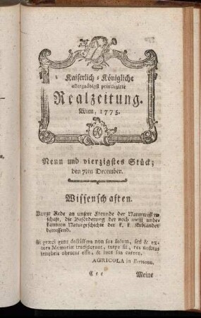 Neun und vierzigstes Stück, den 7ten December. Wien, 1775.