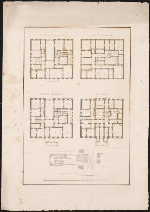 Wohnhaus Busse, Berlin-Tiergarten: Lageplan, Grundrisse des ersten, zweiten und dritten Geschosses