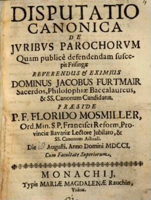 Disputatio Canonica De Jvribvs Parochorvm