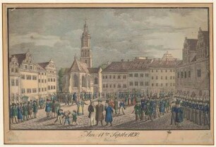 Der Markt in Meißen am 11. September 1830, mit Militärparade