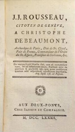 Collection Complette Des Oeuvres De J. J. Rousseau, Citoyen de Genève, 11. Mélanges ; 1