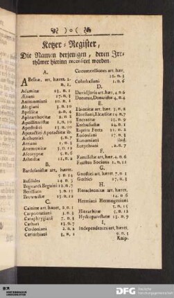 Ketzer-Register, Die Namen derjenigen, deren Irrthümer hierinn recensiret worden.