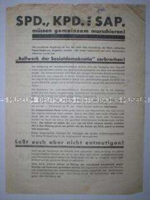 Propagandaflugblatt der Sozialistischen Arbeiterpartei Deutschlands zur Reichstagswahl am 31.07.1932 über notwendige Aktionseinheit der Arbeiterparteien