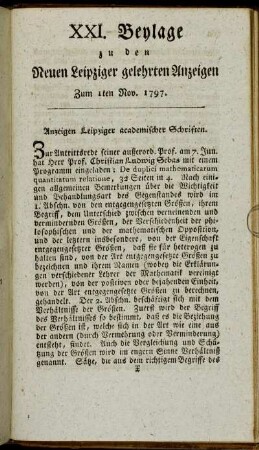 XXI. Beylage zu den Neuen Leipziger gelehrten Anzeigen - Zum 1sten Nov. 1797.