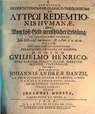 Diss. philol. theol. de lytrō redemptionis humanae