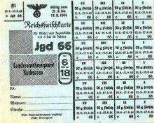 Lebensmittelmarken - Reichsfleischkarte 68 Jgd für Kinder und Jugendliche von 6 bis 18 Jahren
