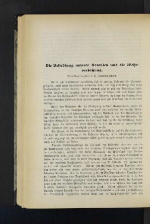 Die Besiedelung unserer Kolonien und die Wehrverfassung.