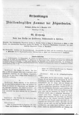 66. Sitzung, Stuttgart, 6.12.1878