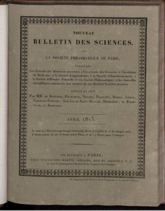 Nouveau Bulletin Des Sciences, Par La Société Philomatique De Paris. Avril 1825.