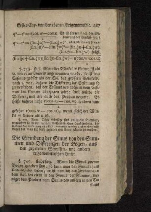 Die Erfindung der Sinus von den Summen und Differenzen der Bogen, aus den gegebenen Sinussen , und andern trigonometrischen Linien.