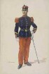 Feldwebel des franz. 158. Infanterie-Regiments in Uniform, Mütze und Degen, stehend, in Halbprofil