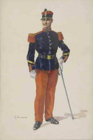 Feldwebel des franz. 158. Infanterie-Regiments in Uniform, Mütze und Degen, stehend, in Halbprofil