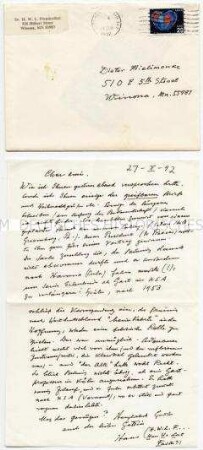 Handschriftlicher Brief eines US-Bürgers an einen Kollegen zur Übersendung von Briefen und Karten von Heinrich Brüning
