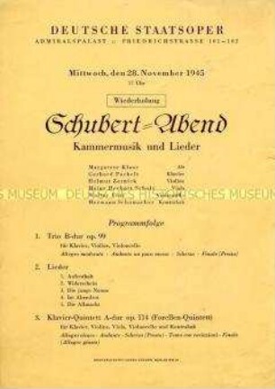 Programmblatt zu einem Musik-Abend mit Werken von Franz Schubert