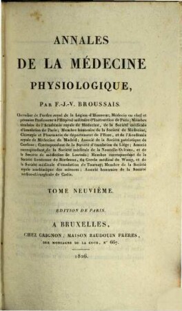 Annales de la médecine physiologique. 9, 9. 1826