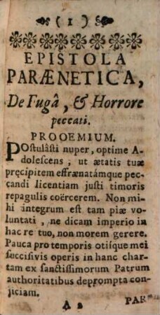 Epistola Parænetica, De Fuga & Horrore Peccati : Scripta ab uno e Societate Jesu
