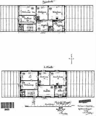 Uhingen: Empfangsgeb.Verwaltungsgeb.mit 2 Anbaut. Grundrisse 1.OG,DG, Draufsicht Dach