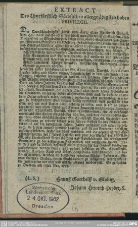 Extract Des Churfürstlich- Sächsischen allergnädigsten hohen Privilegii