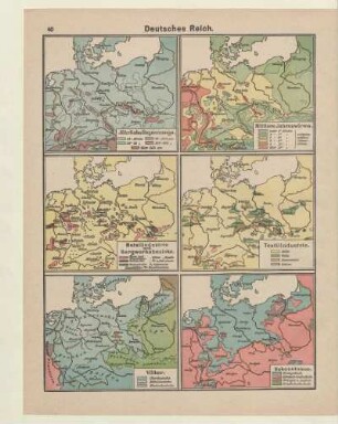 Deutsches Reich, Jährliche Regenmenge, Metallindustrie und Bergwerksbezirke, Völker, Mittlere Jahreswärme, Textilindustrie, Bekenntnisse