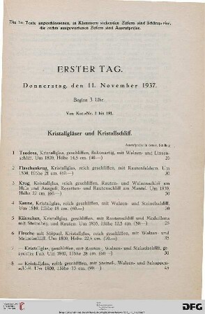 Erster Tag: Donnerstag, den 11. November 1937, Beginn 3 Uhr (Nr. 1-191)