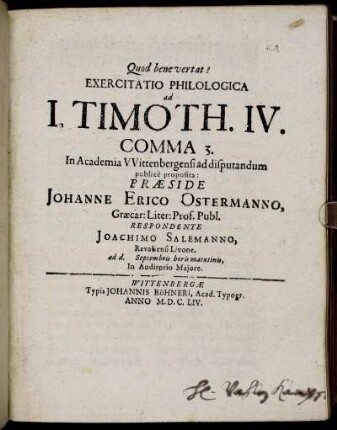 Exercitatio Philologica ad I. Timoth. IV. Comma 3.