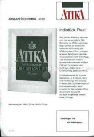 Werbezettel für das Indistück Plexi für "Atika"-Zigaretten
