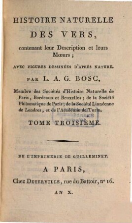 Histoire naturelle des vers : contenant leur description et leurs moeurs ; avec figures dessinées d'après nature, 3
