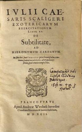 Exotericarum exercitationum liber XV., de subtililate