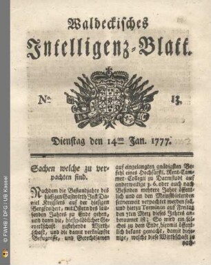 No. 13. Dienstag den 14ten Jan. 1777