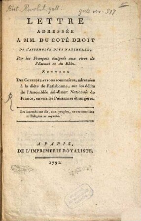 Lettre adressée à Messieurs du coté droit de l'assemblée nationale