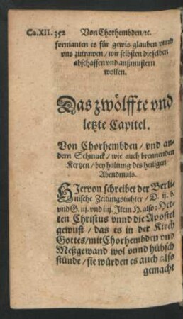 Das zwölffte und letzte Capitel. Von Chorhembden/ und andern Schmuck ...