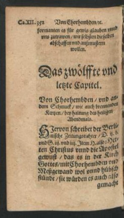 Das zwölffte und letzte Capitel. Von Chorhembden/ und andern Schmuck ...
