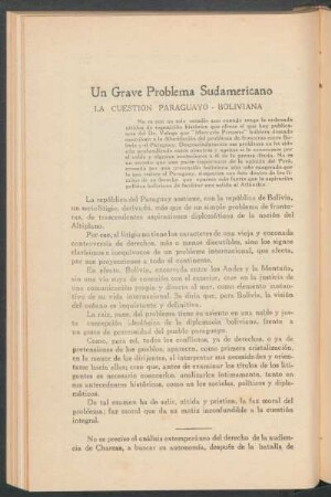 Un grave problema sudamericano - La cuestión paraguayo-boliviano