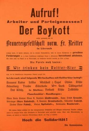 "Aufruf! Arbeiter und Parteigenossen! Der Boykott ... über die Brauereigesellschaft vorm. Fr. Reitter in Lörrach"